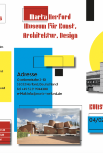 Eine dreiseitige Faltbroschüre zur Kunstausstellung Walter Gropius im Marta Herford Museum. Seite 1: Überschrift zentral: "143 Jahre WALTER GROPIUS". Darunter Bild von Architektur. Darunter Dateninformation und Marta Herford Logo. Seite 2: Marta Herford Museum Adresse und Foto. Seite 3: Programmpunkte, Zeiten und Eintrittspreistabelle.