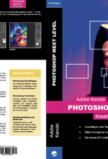 Ein Buchcover mit Bild einer Frau als Titelseite. Teile ihres Gesichts lösen sich ab und decken ein goldenes Leuchten auf. Verstreut schweben leuchtende rechteckige Rahmen um sie herum. Der Hintergrund ist ein Dunkelblau, Pink, Gelb Verlauf. In der oberen rechten Ecke schwebt das Photoshop Logo in weiß. Der Titel steht unter dem Bild auf einem pinken Banner: "PHOTOSHOP NEXT LEVEL". Darunter stehen Details auf schwarzem Hintergrund. In der unteren rechten Ecke ist das Logo vom Rheinwerk Design Verlag. Die Rückseite Hat einen oberen schwarzen Abschnitt mit Beispiel-Fotos aus dem Buch und einen unteren Abschnitt auf weißem Hintergrund mit weiteren Details und einer Gelben Infobox. Darunter ein Bild des Autors, nochmal das Rheinwerk Logo und ein Barcode.